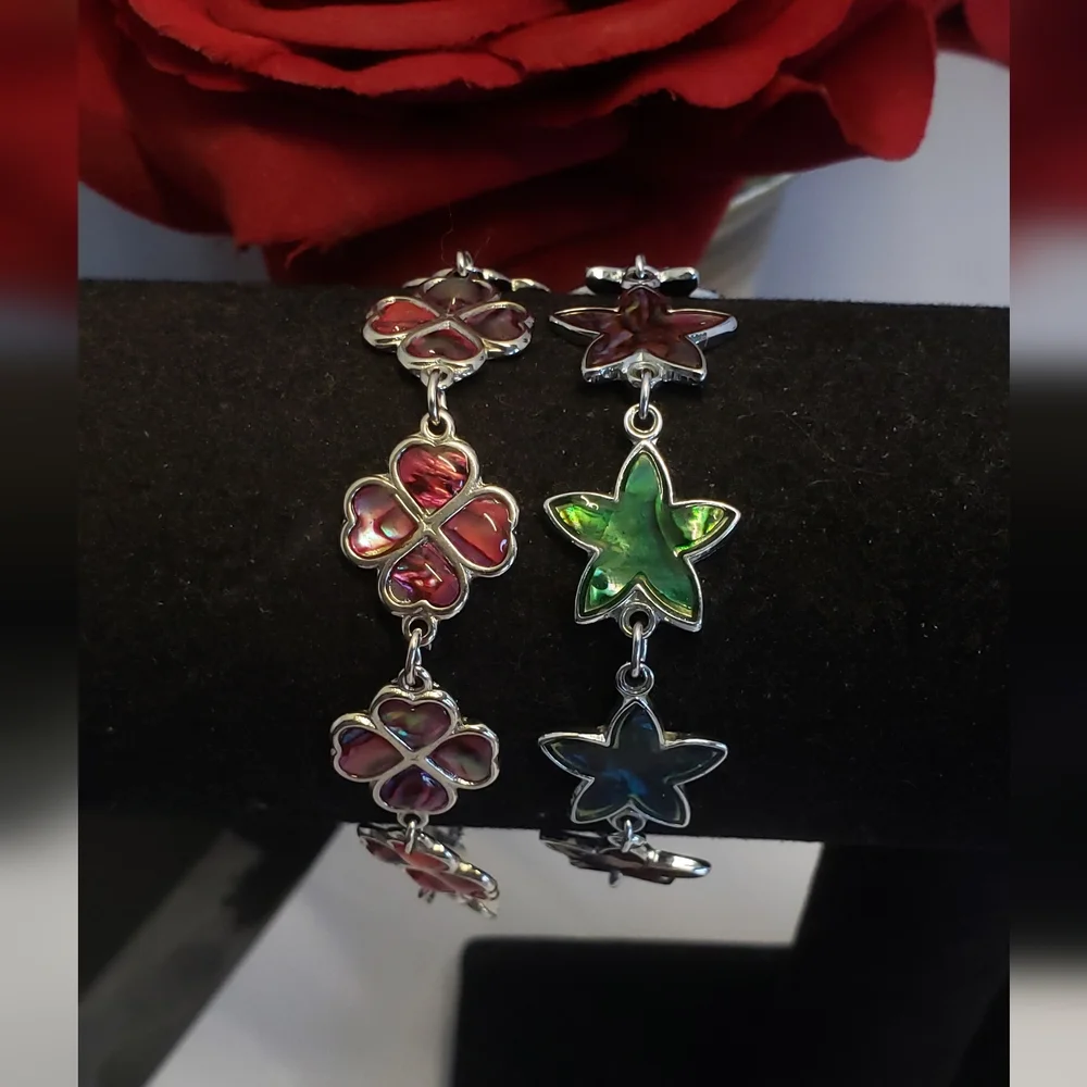 Abalone Silver Star & Clover Leaf Charm Bracelet 2 Bracelets